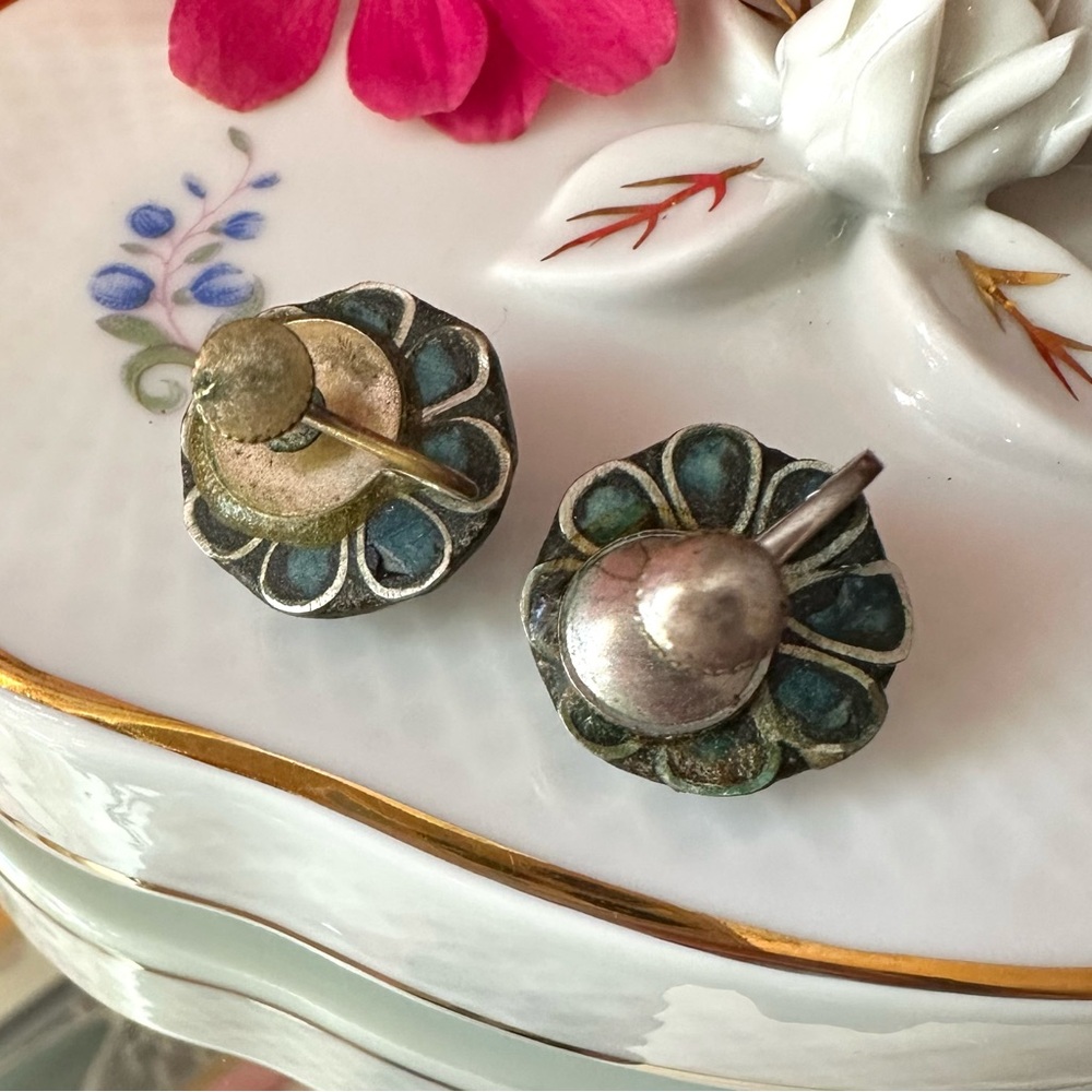 Stunning 1930's 3-Piece Turquoise Chip Sterling Inlay Mosaic Jewelry Set - Picture 7 of 8